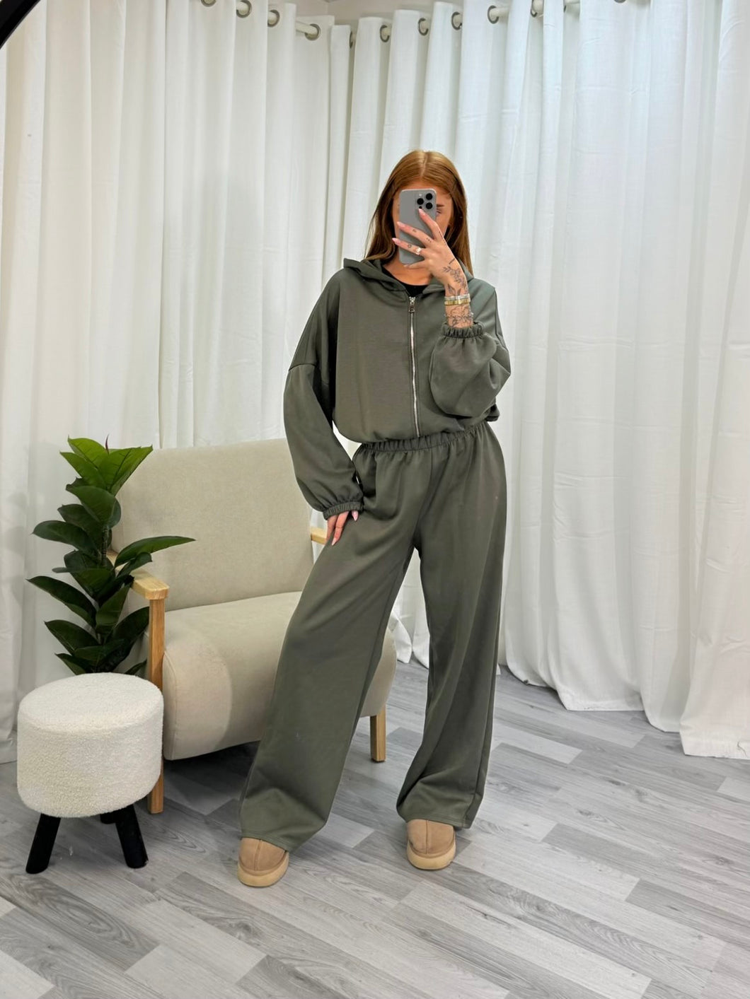 Extreme Soft Luxury Feel Hooded Tracksuit Set in Khaki