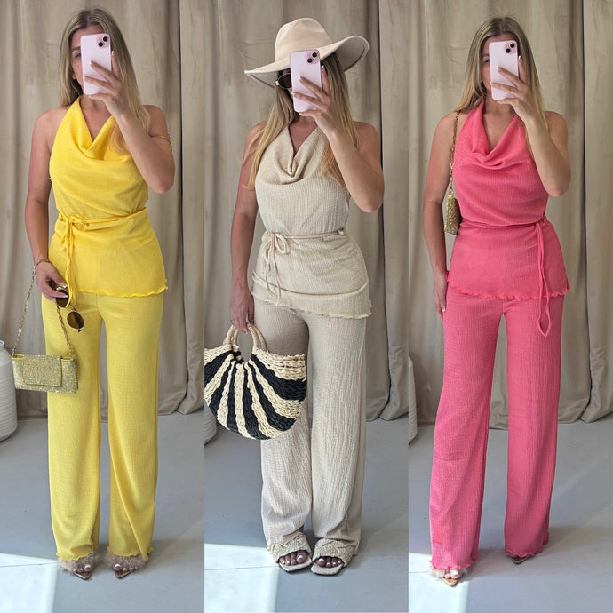 Models wearing halter neck cheesecloth two-piece sets in yellow, beige, and pink – lightweight summer co-ords with belt, fits UK sizes 6 to 14